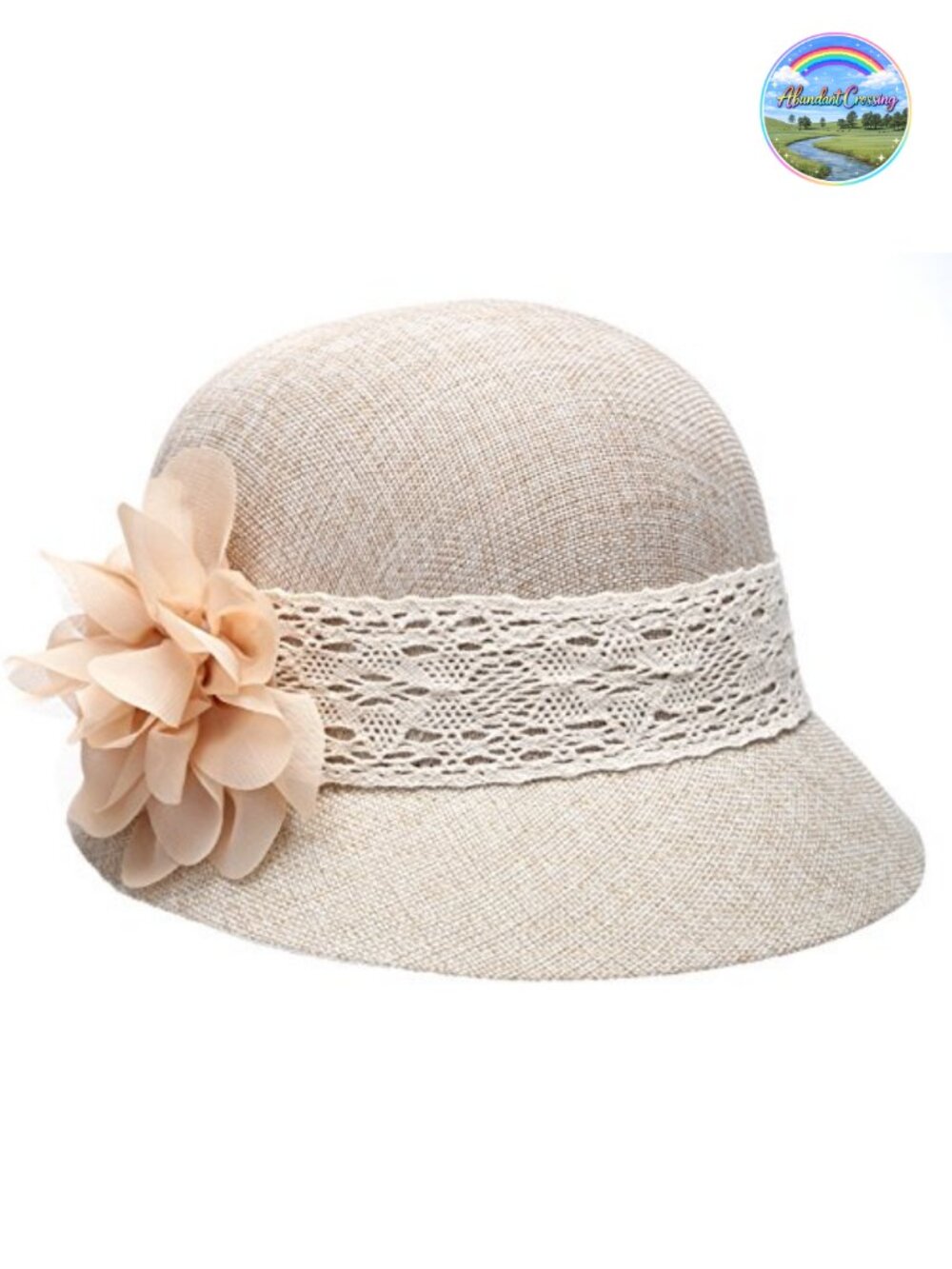 Linen Cotton Cloche Sun Hat Lace Band Flower Adjustable